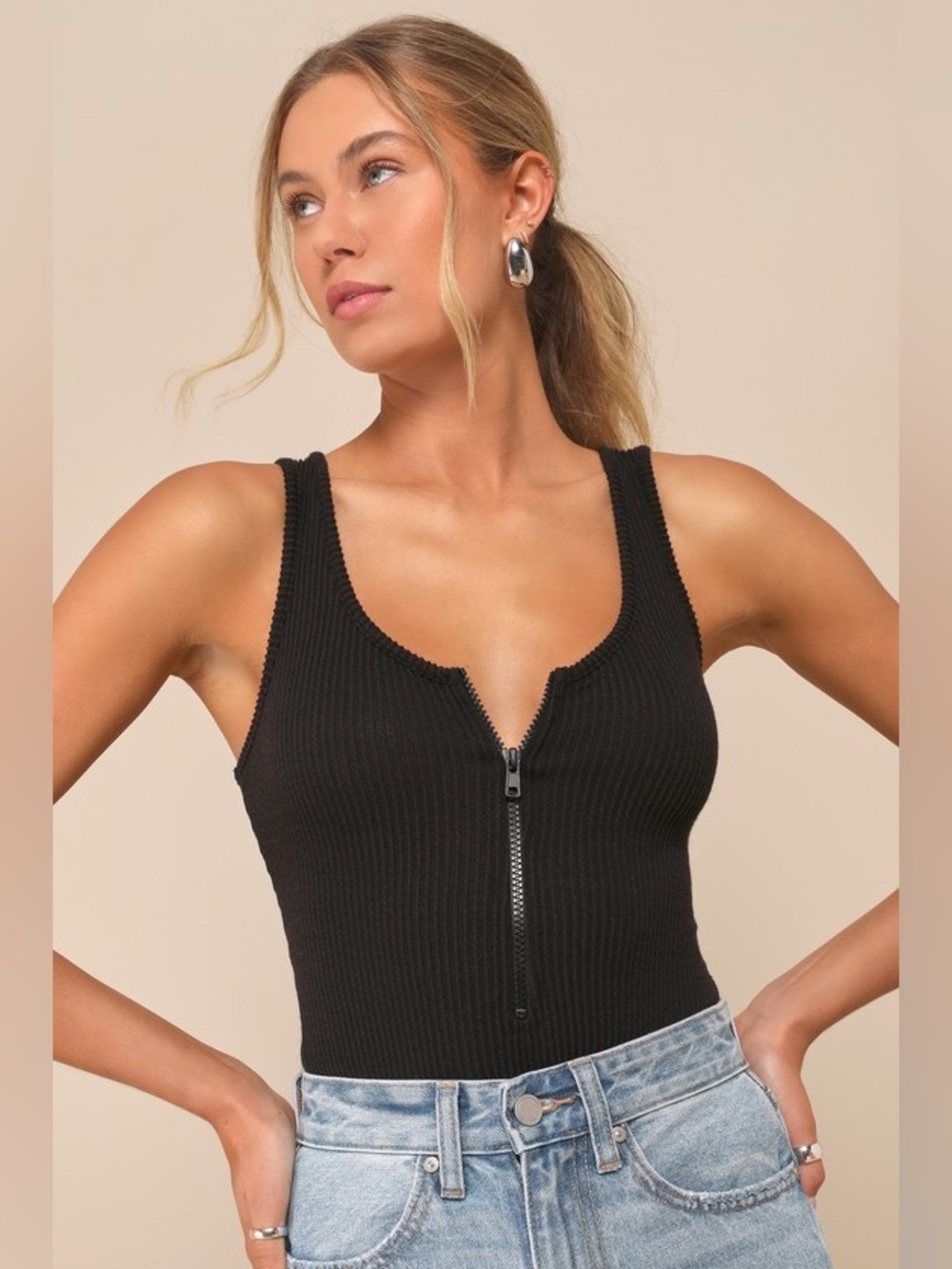 Lulu's | Black, Knit, Ribbed Zip-Front Tank